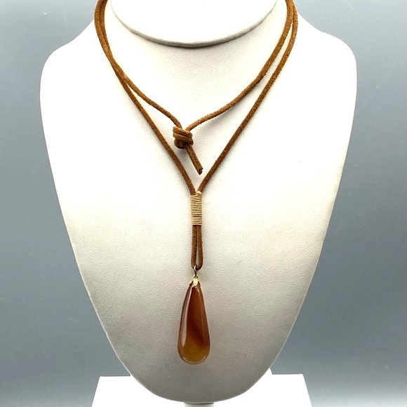 Vintage Carnelian Faceted Teardrop Pendant Necklace, Natural Polished Gemstone - Picture 1 of 5